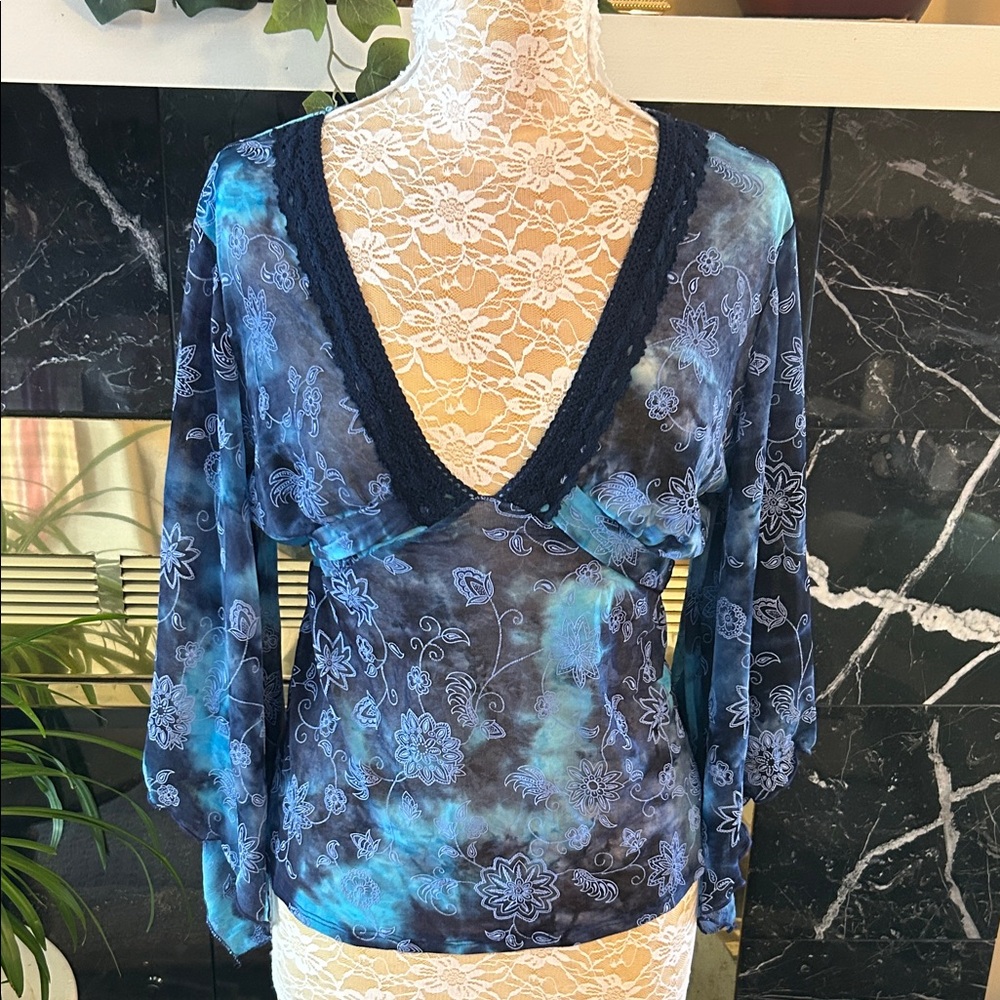 Elegant Blue Floral Lace Blouse